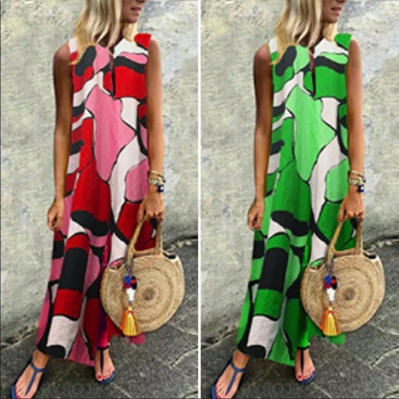 Abstract Print, Sleeveless, Kaftan Style Maxidress - Picture 7 of 11